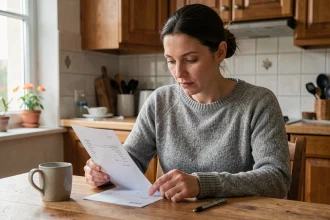 Femme consultant sa fiche de paie à la table de cuisine pour vérifier son taux horaire au Smic en 2026
