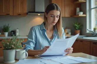 Femme concentrée sur ses documents financiers à la maison