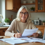 Femme d'âge moyen analysant des documents financiers à la maison