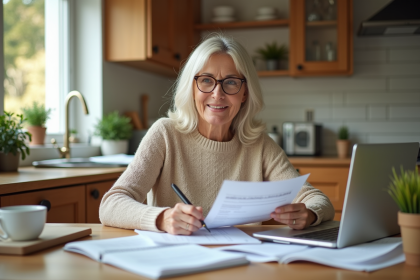 Femme d'âge moyen analysant des documents financiers à la maison