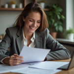 Femme d affaires lisant des documents de prêt immobilier