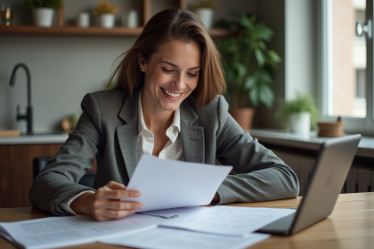 Femme d affaires lisant des documents de prêt immobilier