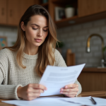 Femme examinant un contrat de location dans sa cuisine