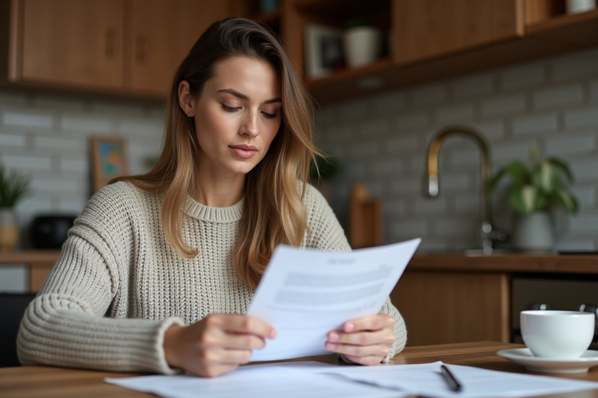 Femme examinant un contrat de location dans sa cuisine