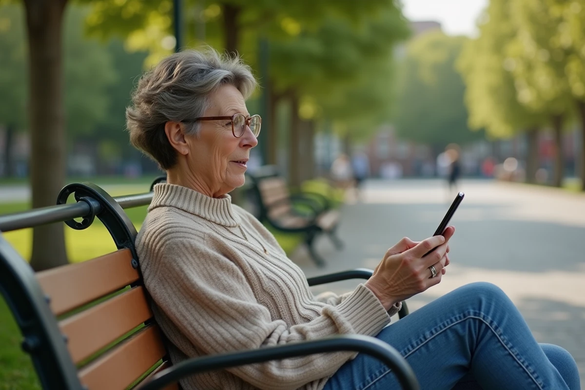 Femme assise dans un parc avec téléphone portable