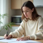 Jeune femme vérifiant ses documents à la maison