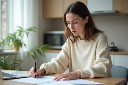 Jeune femme vérifiant ses documents à la maison