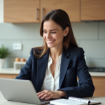 Femme en blazer bleu compare des offres de prêt à la maison