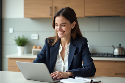 Femme en blazer bleu compare des offres de prêt à la maison