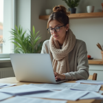 Femme vérifiant ses comptes en ligne dans une cuisine moderne