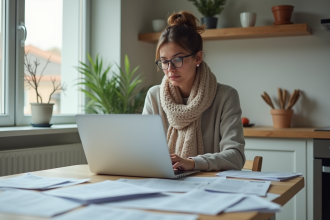 Femme vérifiant ses comptes en ligne dans une cuisine moderne