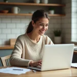 Femme consultant des documents financiers sur un ordinateur portable pour obtenir un prêt immédiat sans passer par la banque