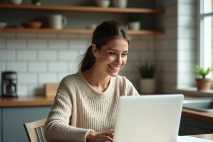 Femme consultant des documents financiers sur un ordinateur portable pour obtenir un prêt immédiat sans passer par la banque