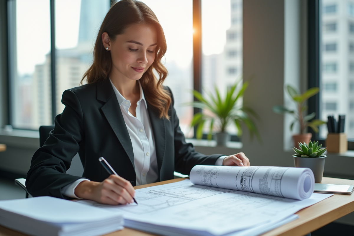 Femme professionnelle en blazer dans un bureau lumineux