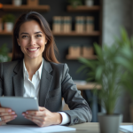 Femme confiante en bureau moderne avec tablette et plantes
