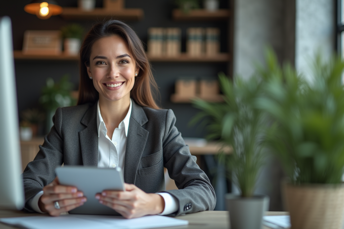Femme confiante en bureau moderne avec tablette et plantes