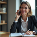 Femme d'âge moyen au bureau souriante et organisée