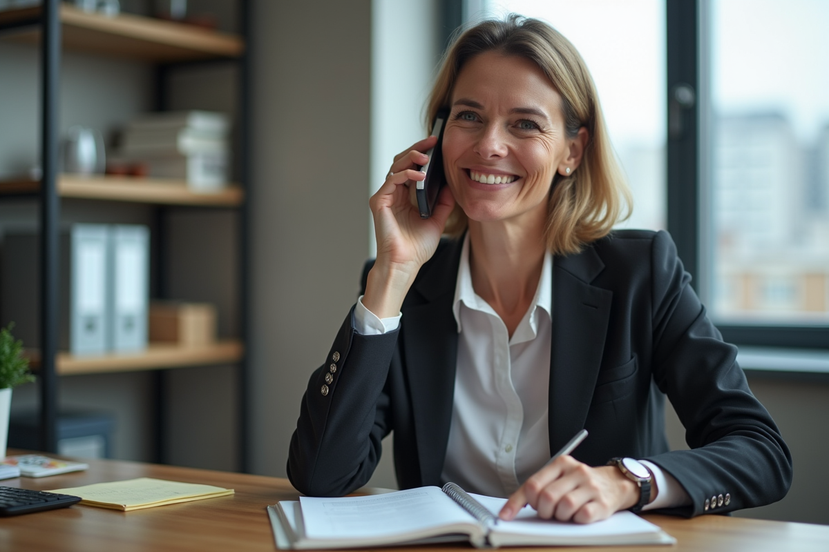 Femme d'âge moyen au bureau souriante et organisée