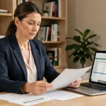 Femme professionnelle analysant des documents financiers sur son bureau pour optimiser ses revenus avec l'ARE et un salaire