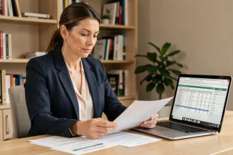 Femme professionnelle analysant des documents financiers sur son bureau pour optimiser ses revenus avec l'ARE et un salaire