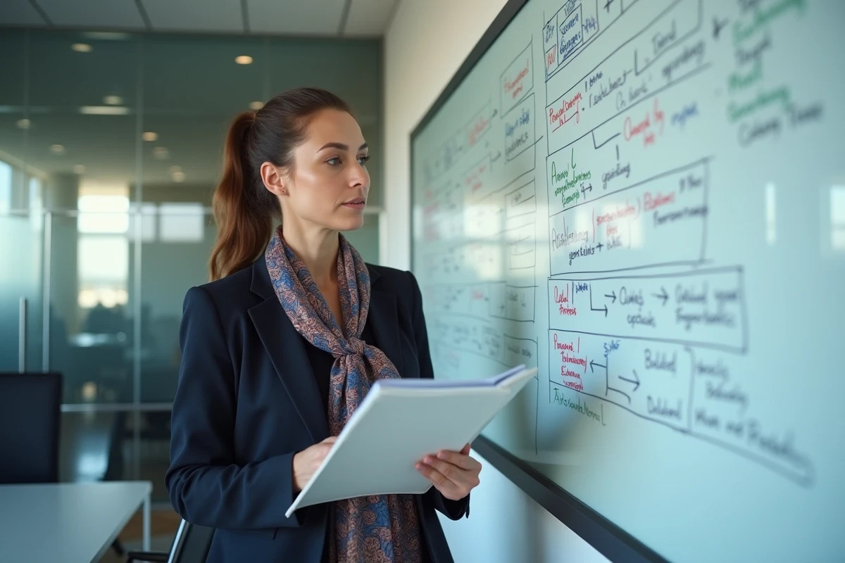 Femme professionnelle analysant un dossier devant un tableau blanc
