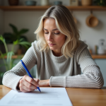 Femme concentrée remplissant un accord de dette à la maison