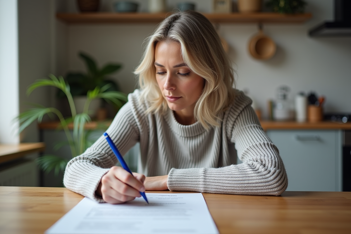 Femme concentrée remplissant un accord de dette à la maison