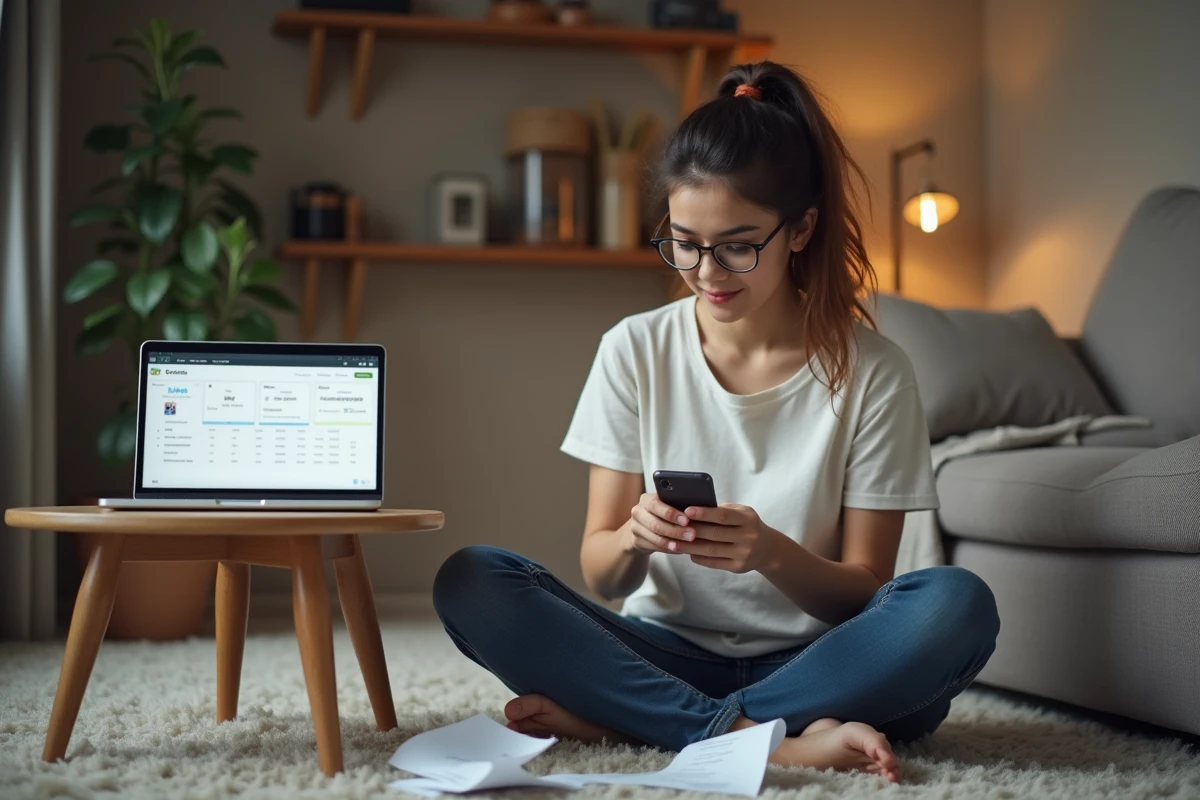 Femme assise sur le sol avec smartphone dans un salon cosy