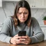 Femme frustrée consultant son smartphone après un refus de virement instantané sur l'application Caisse d'Épargne