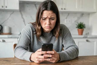 Femme frustrée consultant son smartphone après un refus de virement instantané sur l'application Caisse d'Épargne