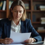 Femme en blazer relisant une lettre de condamnation pécuniaire à son bureau à domicile