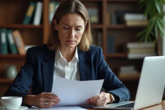 Femme en blazer relisant une lettre de condamnation pécuniaire à son bureau à domicile