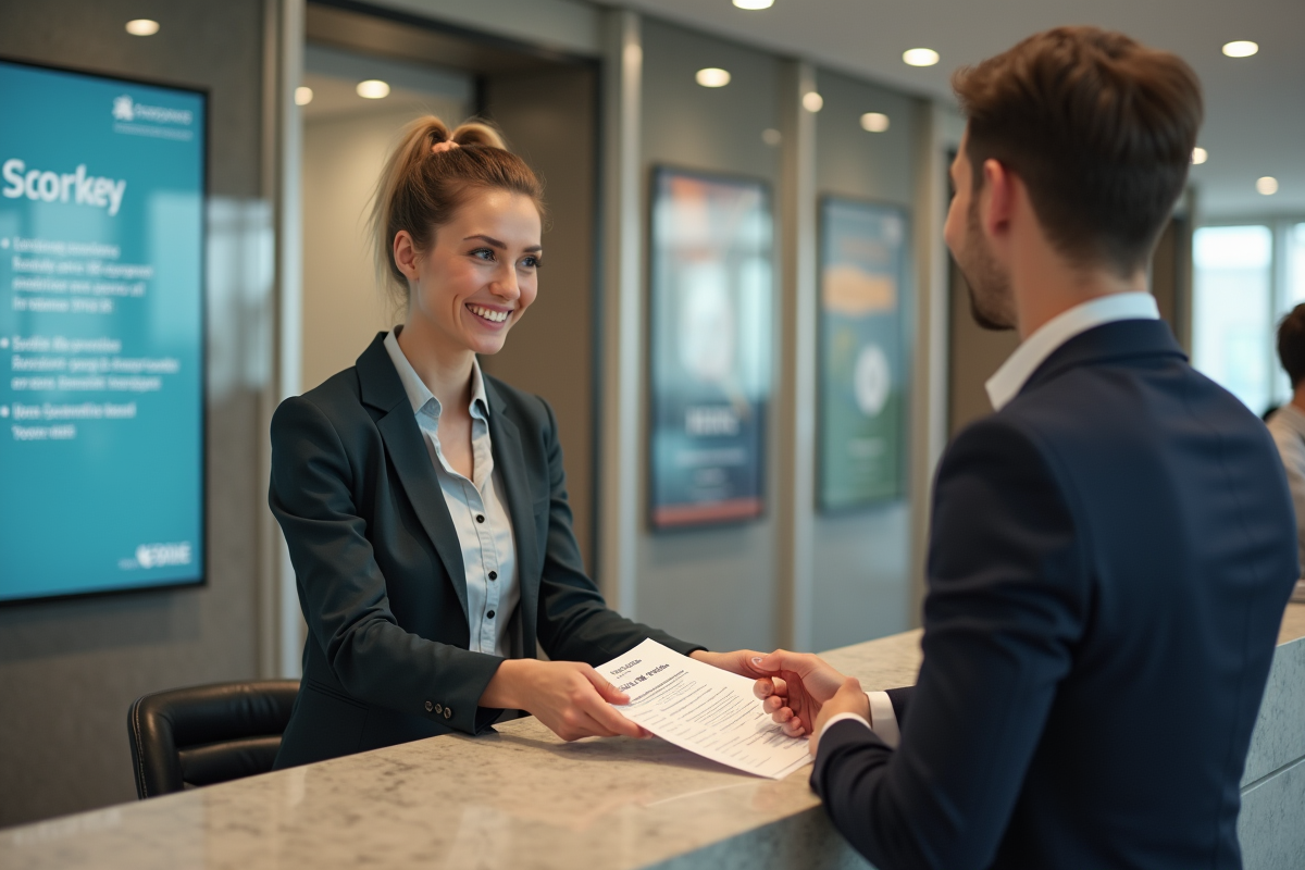 Jeune femme au guichet de banque remettant un formulaire