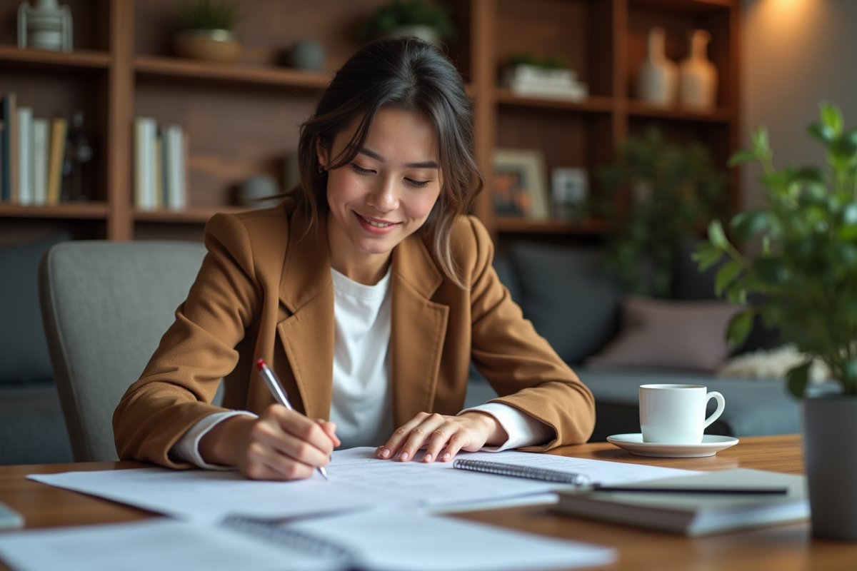 Femme calme remplissant un formulaire d'annulation à la maison