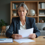 Femme française d'âge moyen examinant documents de location