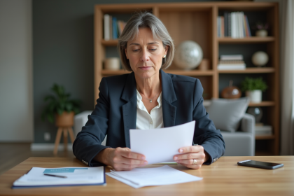 Femme française d'âge moyen examinant documents de location
