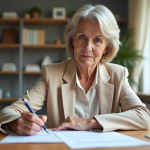 Femme élégante vérifiant des documents de retraite à la maison