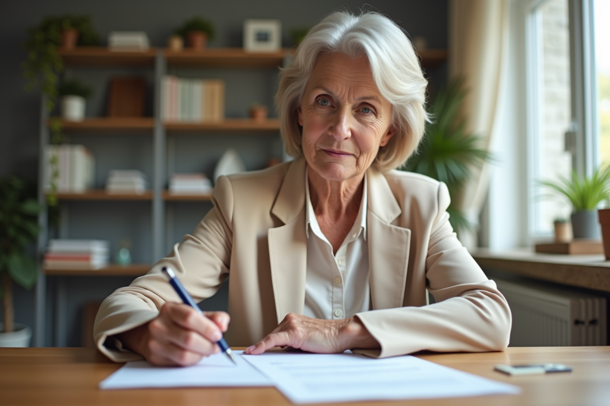 Femme élégante vérifiant des documents de retraite à la maison