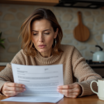 Femme d'âge moyen examine une lettre d'impôt à la cuisine