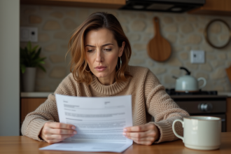Femme d'âge moyen examine une lettre d'impôt à la cuisine