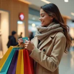 Femme souriante avec sacs shopping et carte cadeau dans un centre commercial