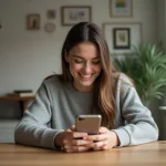 Jeune femme concentrée sur son smartphone à la maison
