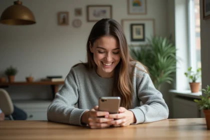Jeune femme concentrée sur son smartphone à la maison