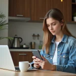 Jeune femme en denim vérifiant une notification de paiement