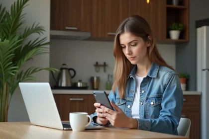 Jeune femme en denim vérifiant une notification de paiement
