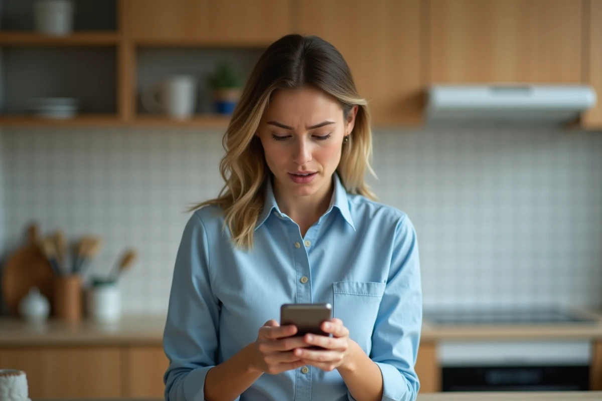 Femme consultant son smartphone avec une expression perplexe face à une panne de service en ligne