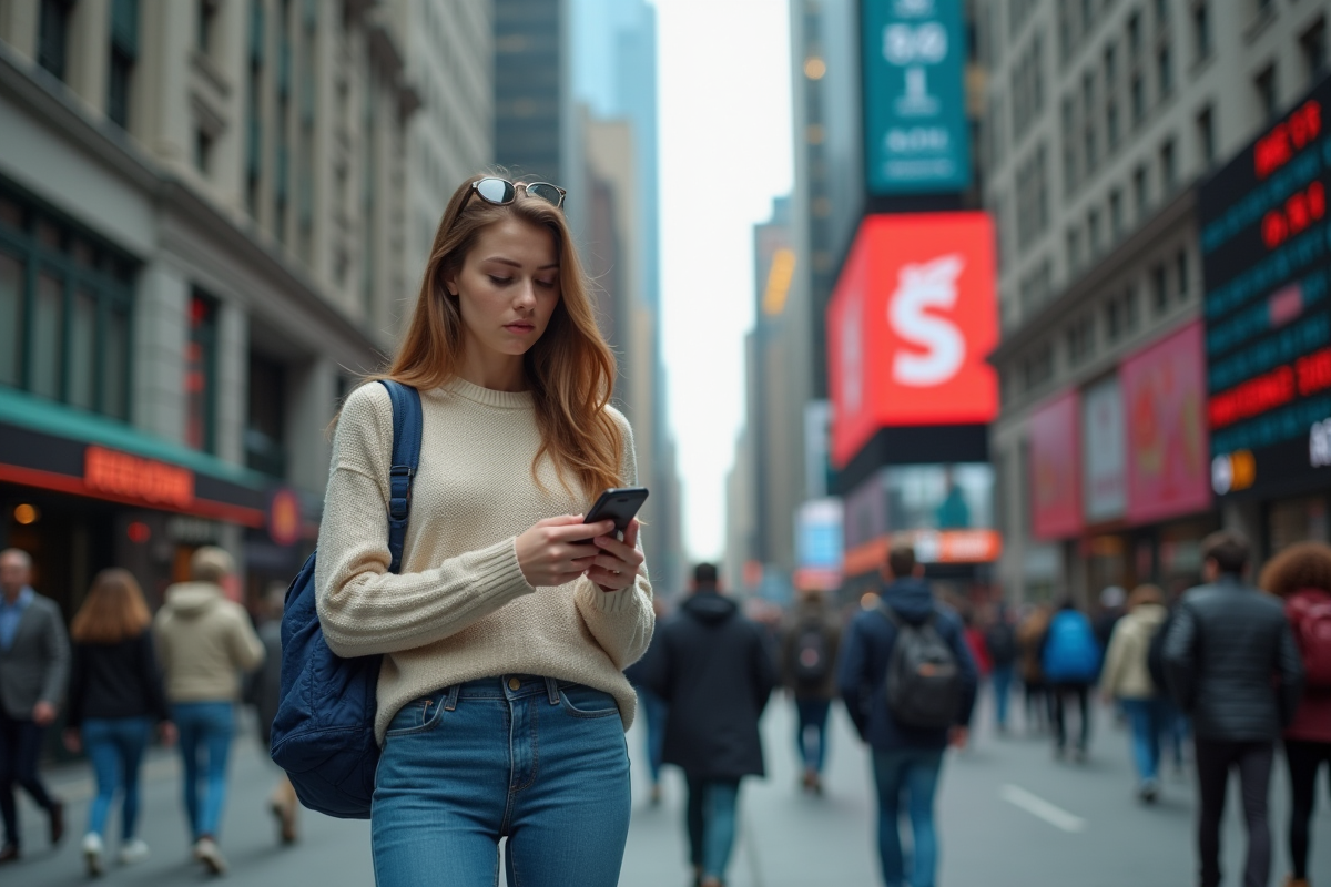 Jeune femme inquiète sur une rue urbaine avec ticker boursier