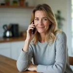 Femme au téléphone consultant son dossier de crédit Cetelem depuis son domicile