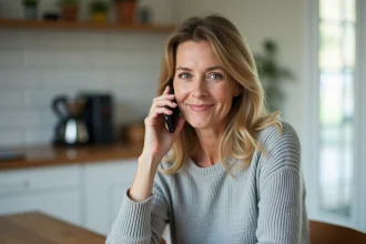 Femme au téléphone consultant son dossier de crédit Cetelem depuis son domicile