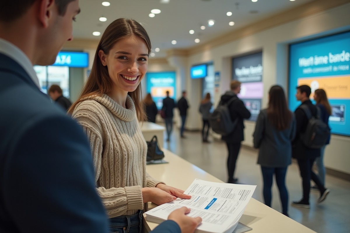 Jeune femme remettant des documents à un conseiller bancaire